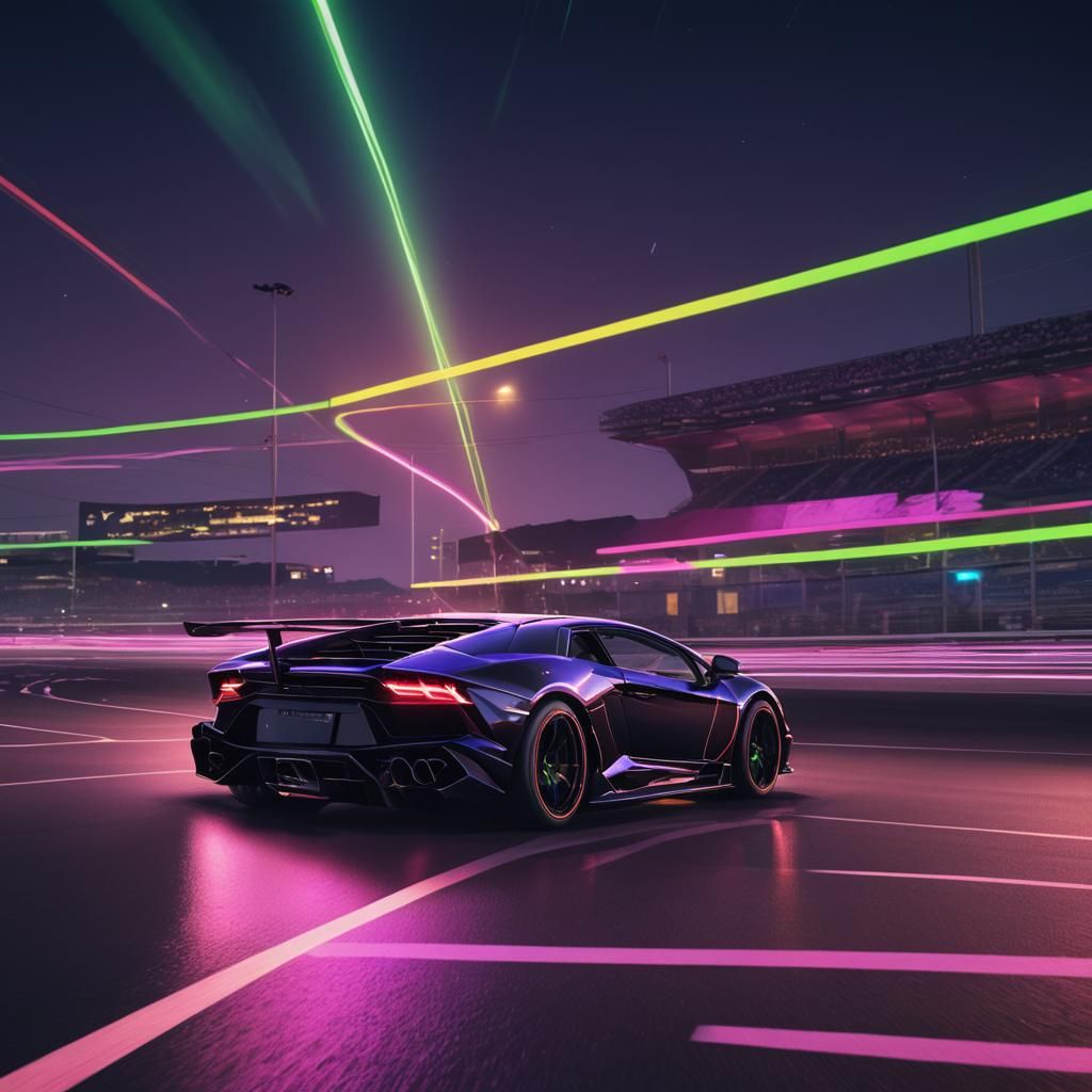 Black Lamborghini Races on Neon-Lit Track