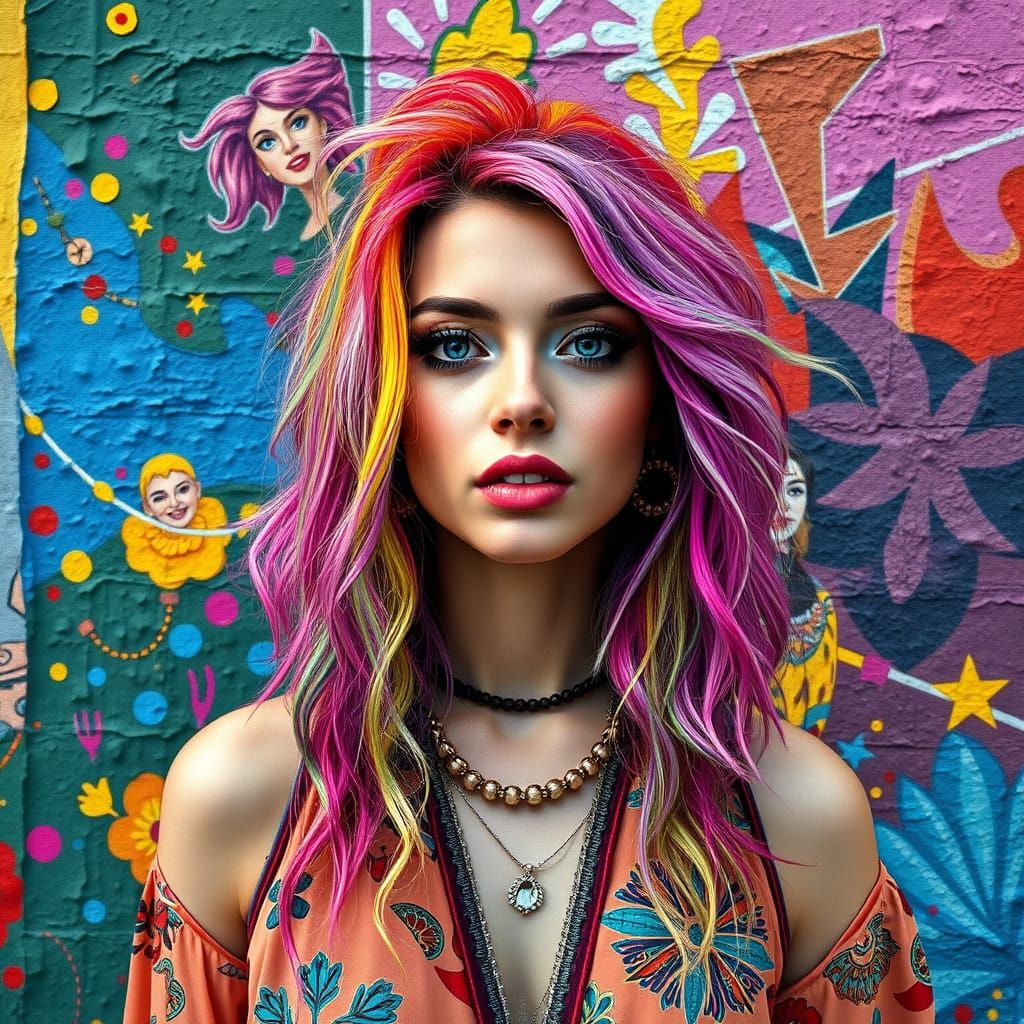 Mosaic Woman with Rainbow Hair, Pop Art Style