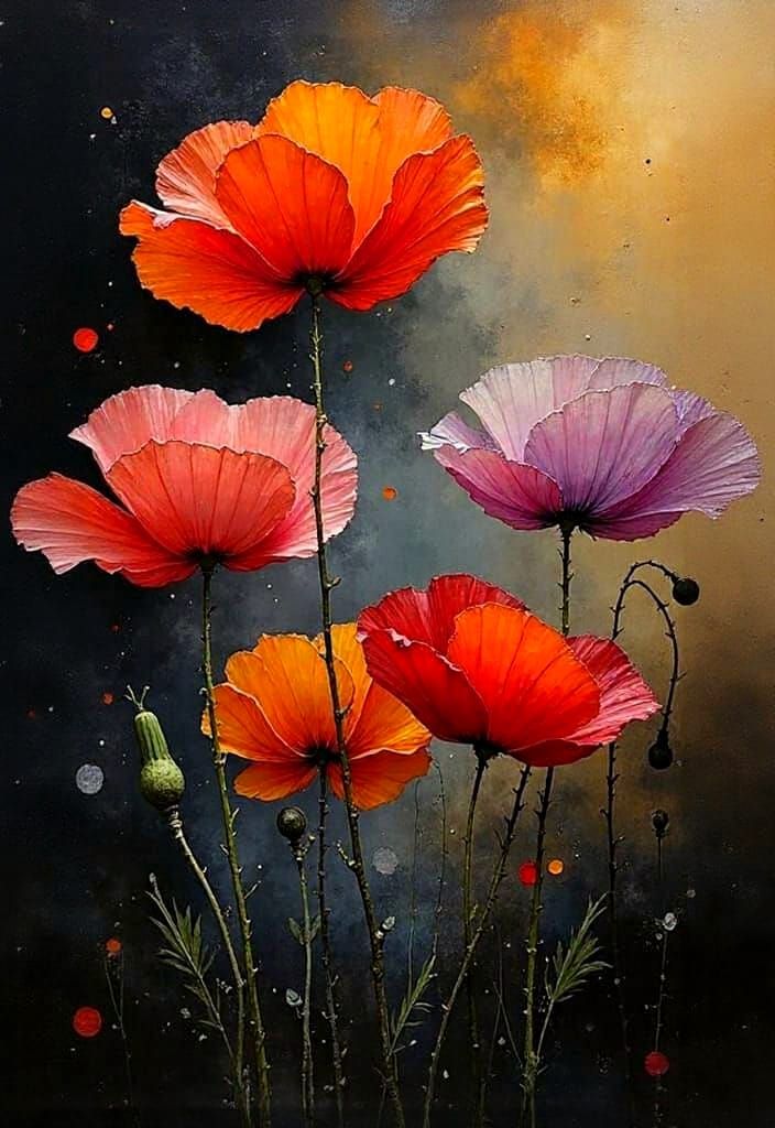 Vivid Poppy Forms in Misty Ink Painting Style