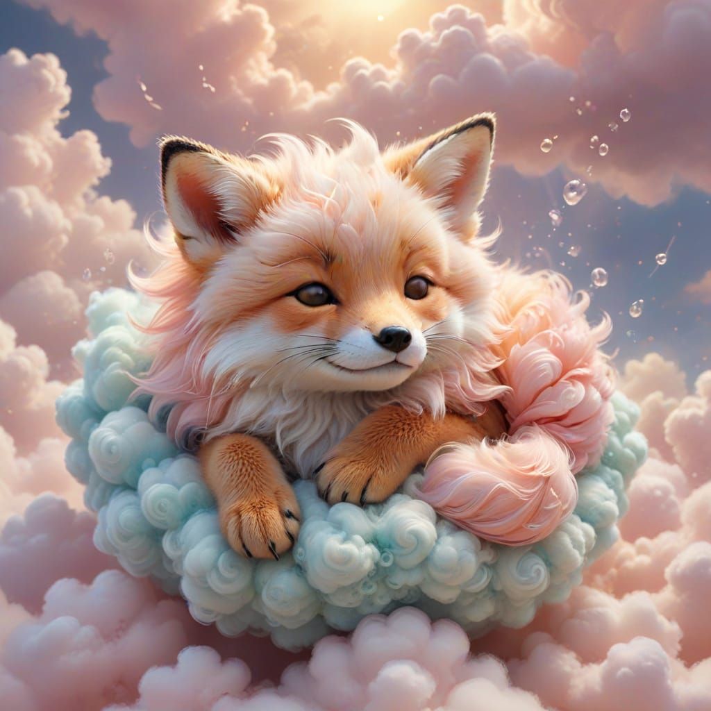 Whimsical Fantasy Baby Fox in a Cloudy Oasis