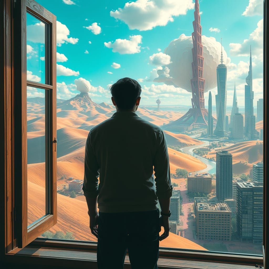 Surreal Dreamscape Through a Window Frame