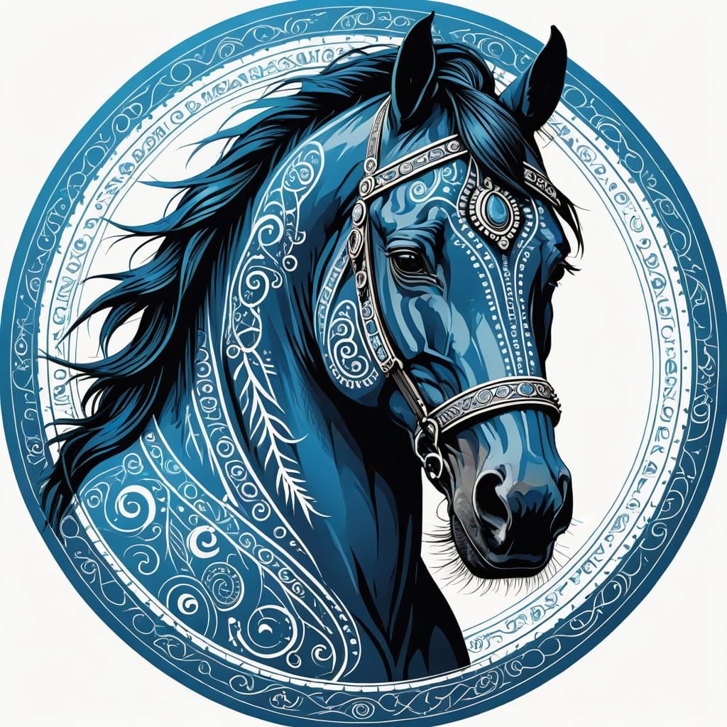 Horse with tribal designs in blue