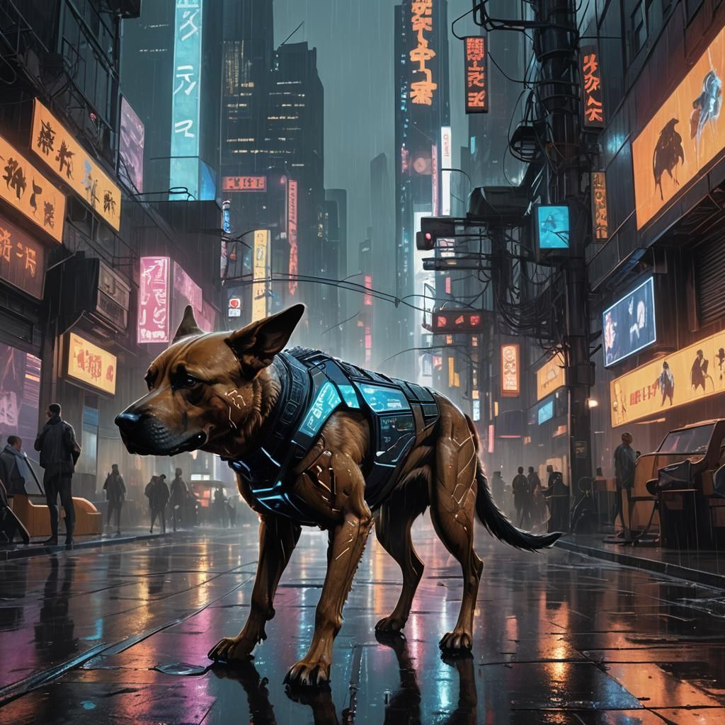 Cyberpunk Canine Prowls Rainy Dystopian Cityscape