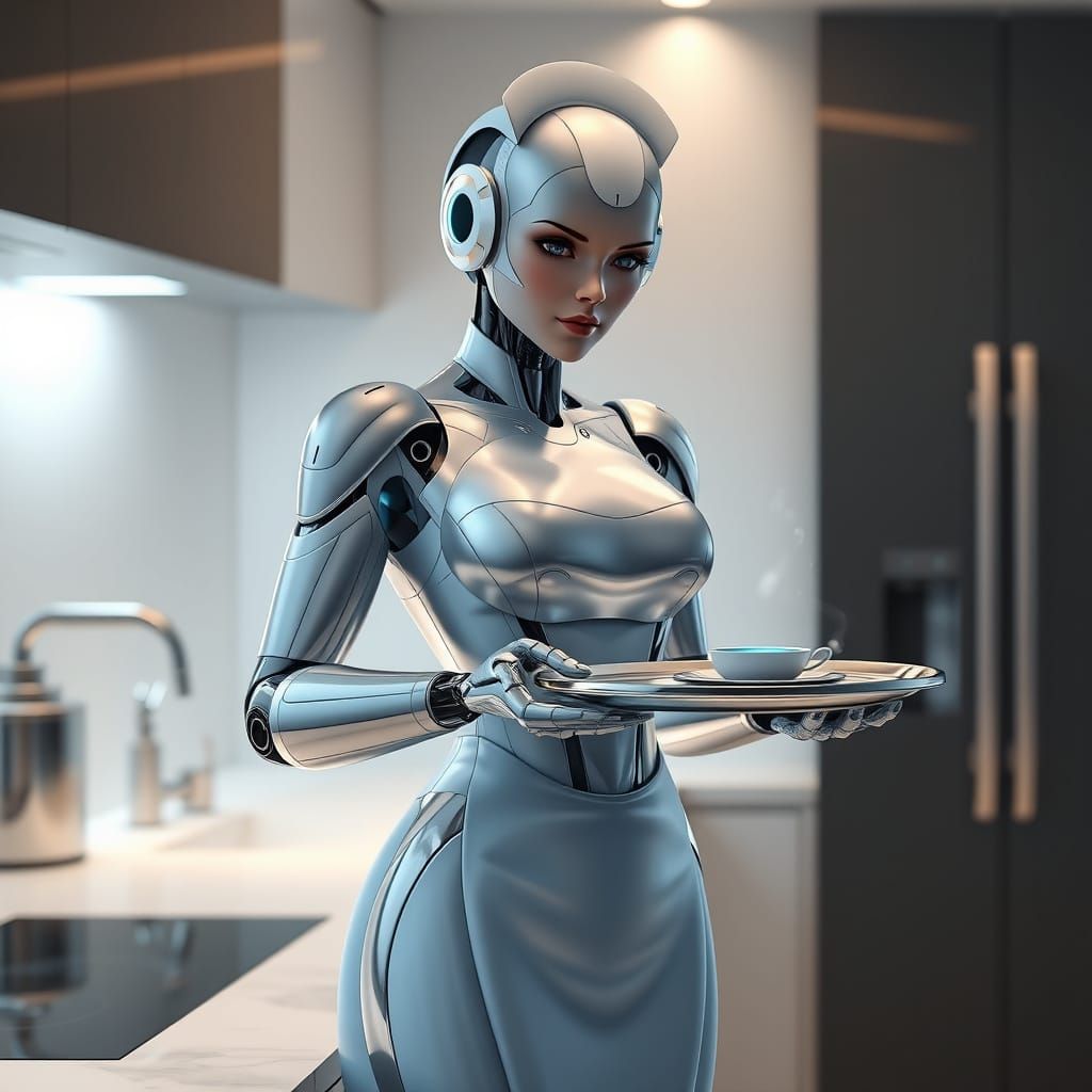 Hyper-Realistic Muscular Robotic Maid in Futuristic Kitchen
