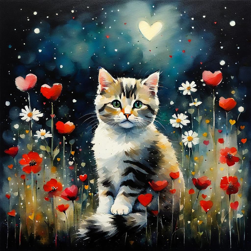 Cat on Pillow Surrounded by Flowers in Watercolour