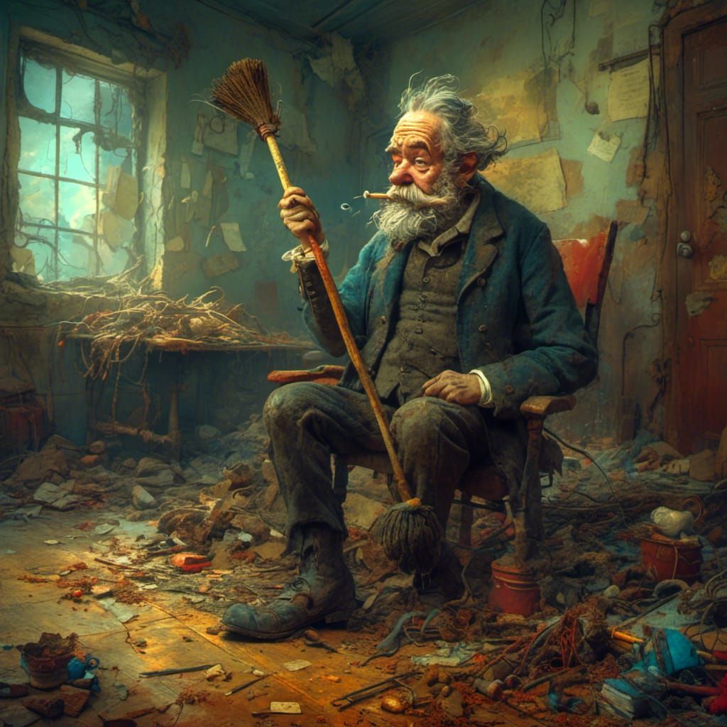 Tired Janitor Caricature in Messy Anime School