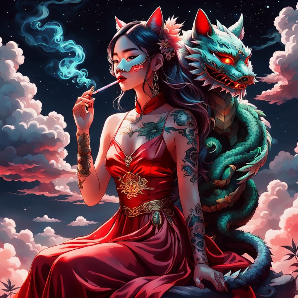 Dreamscape: Woman with Glowing Tattoos and Dragon Cat