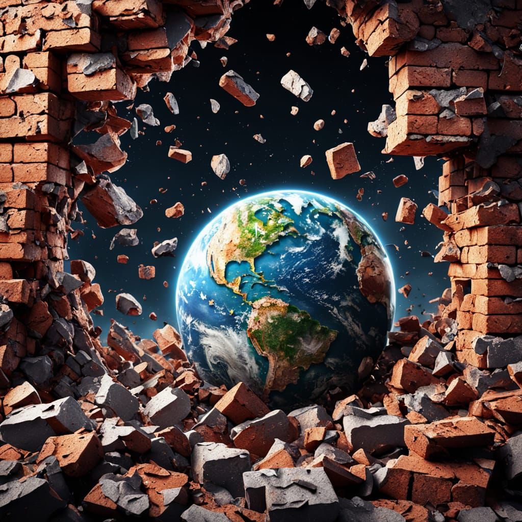 Earth Shatters Against Brick Wall: Hyperrealistic Collision