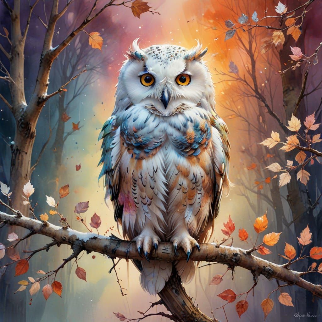 Surreal Snow Owl Shines Amidst Vibrant Autumn Branches in a ...