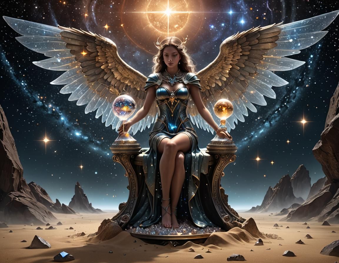 Cosmic Angel Inspects Crystal Hourglass in Space