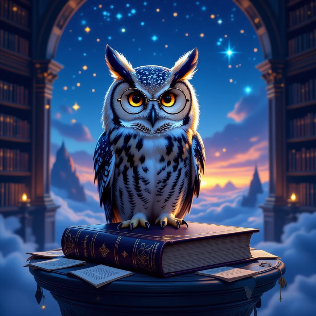 Wise Owl Scholar on Ancient Tome in Ethereal Library