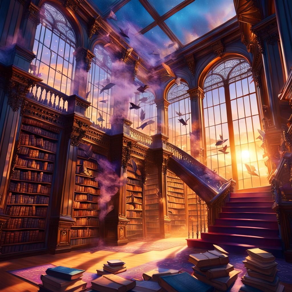 Fantasy Library with Flying Books at Sunset