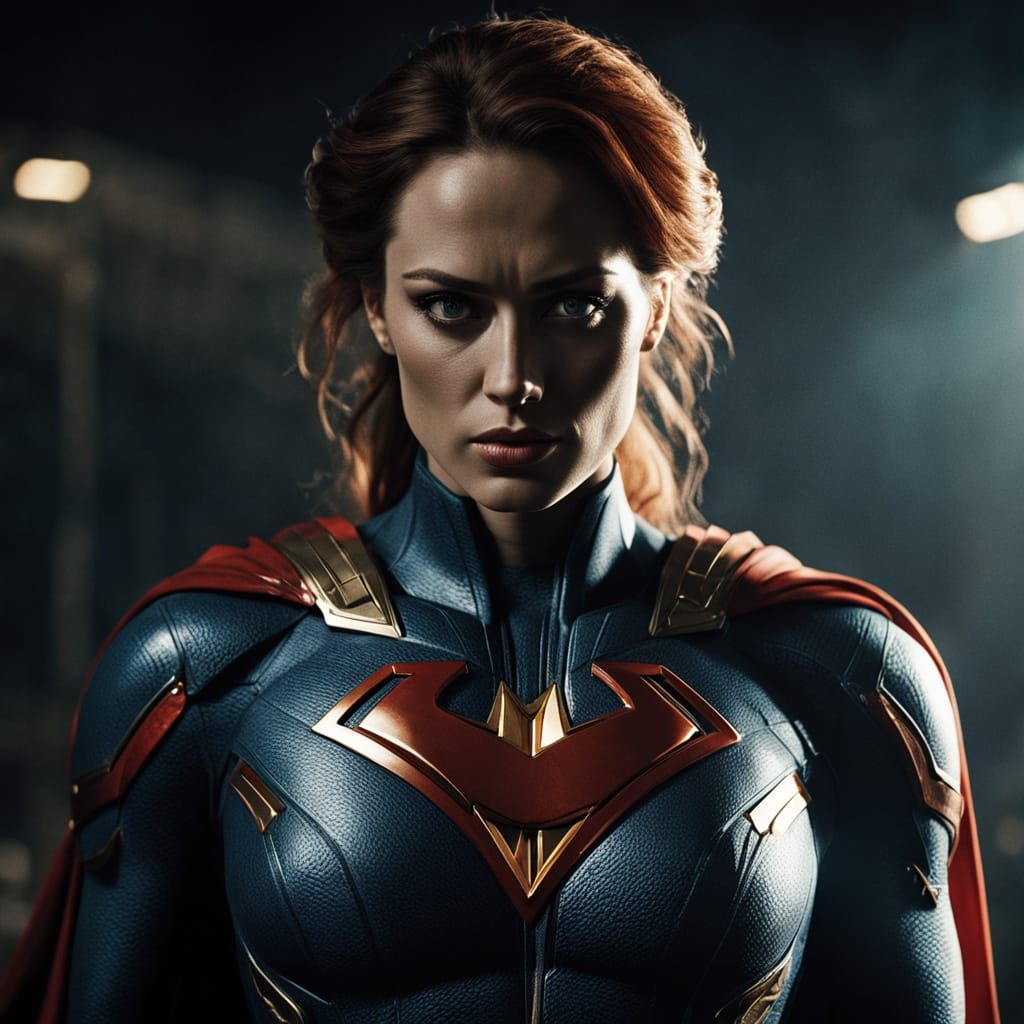 Superhero Woman With M Emblem in Cinematic Portrait