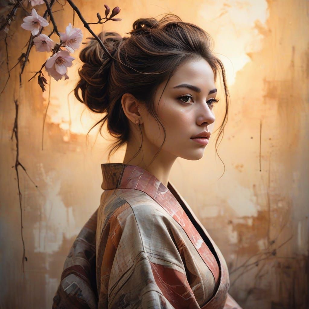 Young Woman Under Blossom Tree at Sunset in Mixed Media Styl...