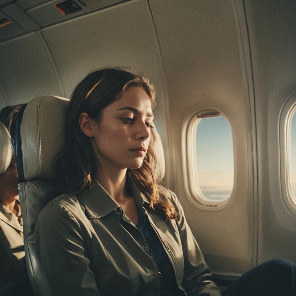 Sleepy Traveler on Airplane in Cinematic Film Still