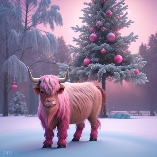 Highland Cow and Pink Christmas Tree in Snow