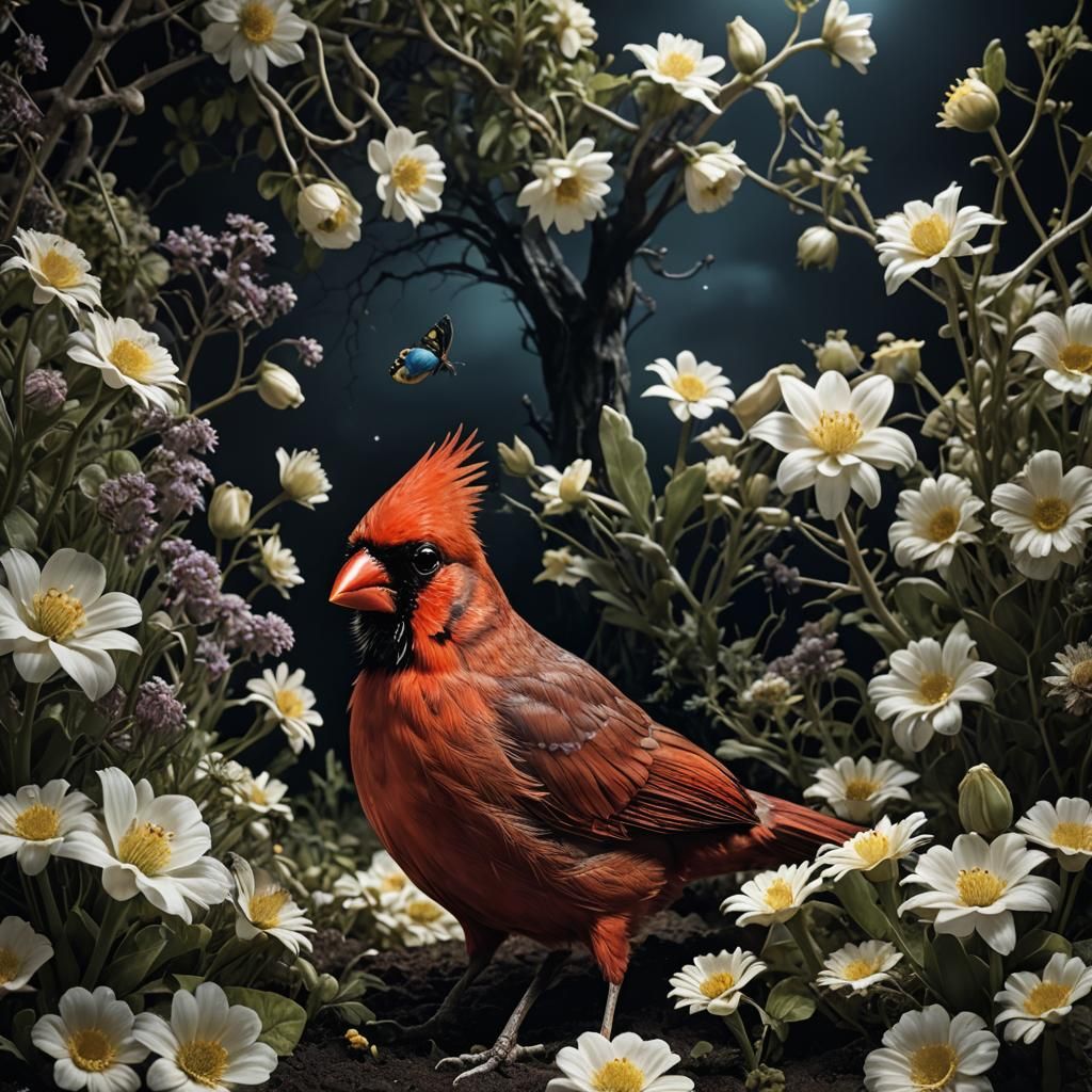 Surreal Cardinal-Horse Hybrid in Moonlit Garden