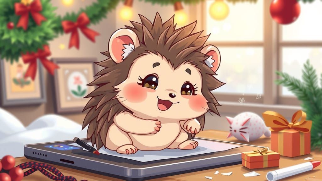 Anime-Style Hamster Hedgehog Hybrid Draws on Electric Tablet...