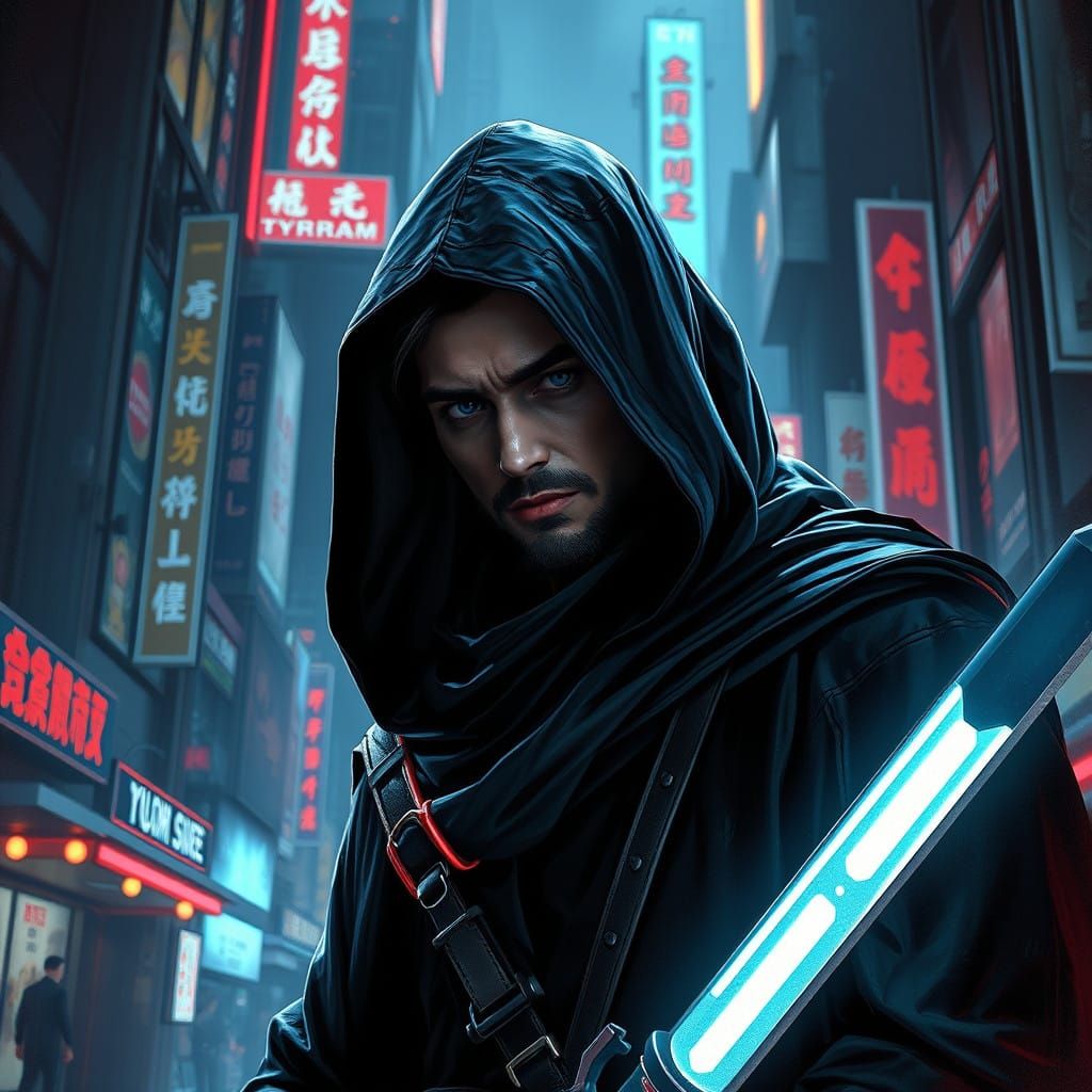 Cyberpunk Assassin in Shadows, Oil Painting Digital Art