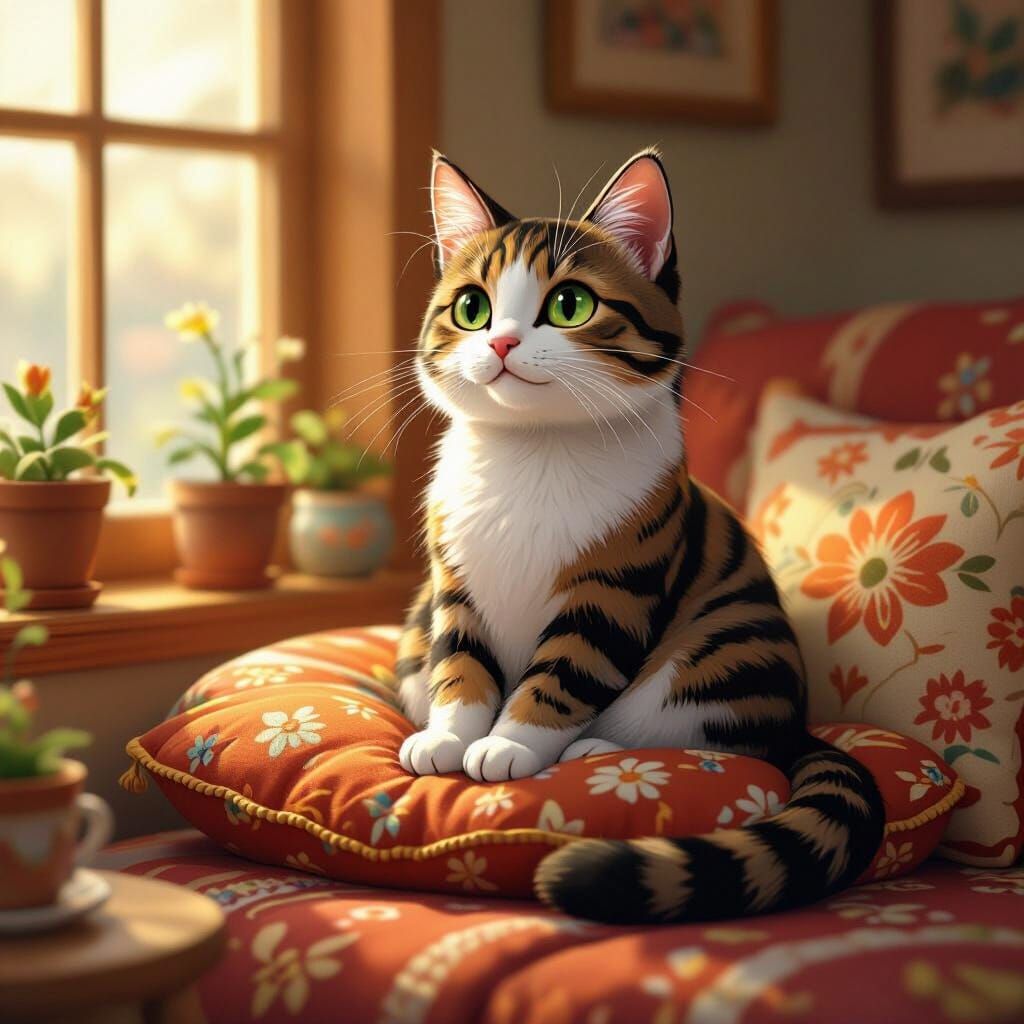 Cat on Cushion in Whimsical Storybook Style