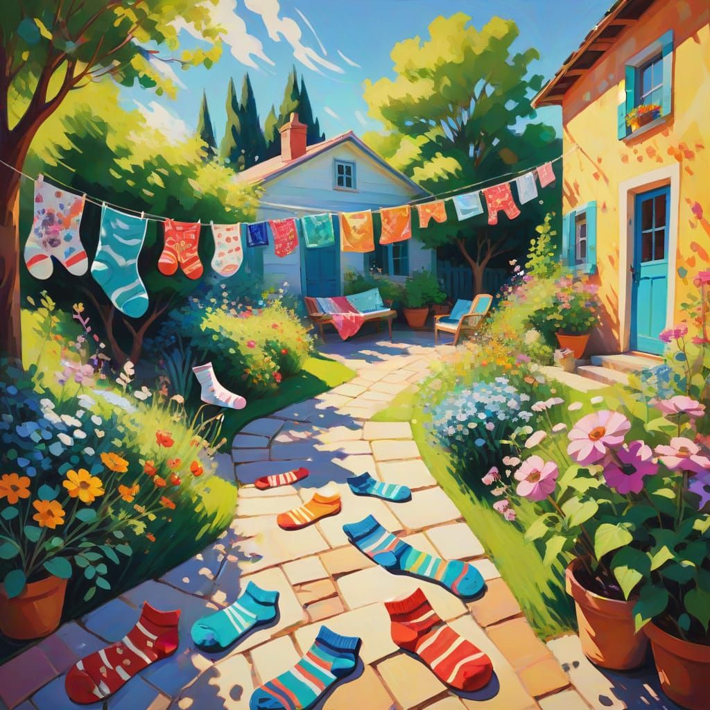 A whimsical yard with a collage of different socks of a vari...