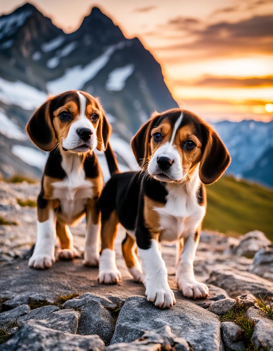 Beagle Puppies Play at Sunset in Swiss Alps