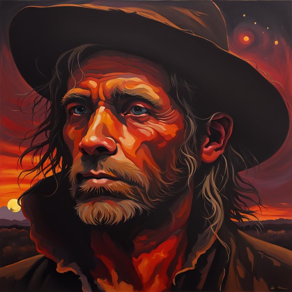 Outback Drover Silhouette at Sunset: Expressionist Painting