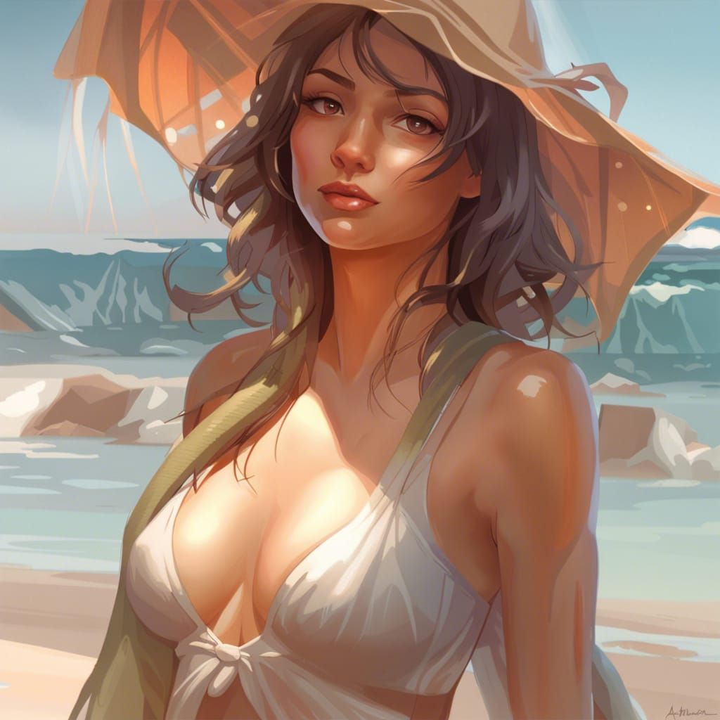 Woman on Beach in Hyperdetailed Splash Art Style