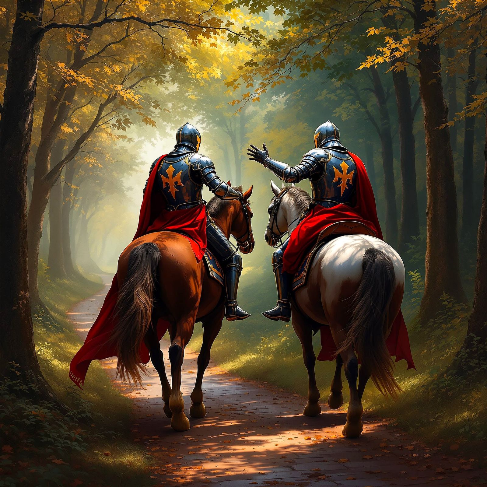 Knights on Horseback Greet on Forest Path