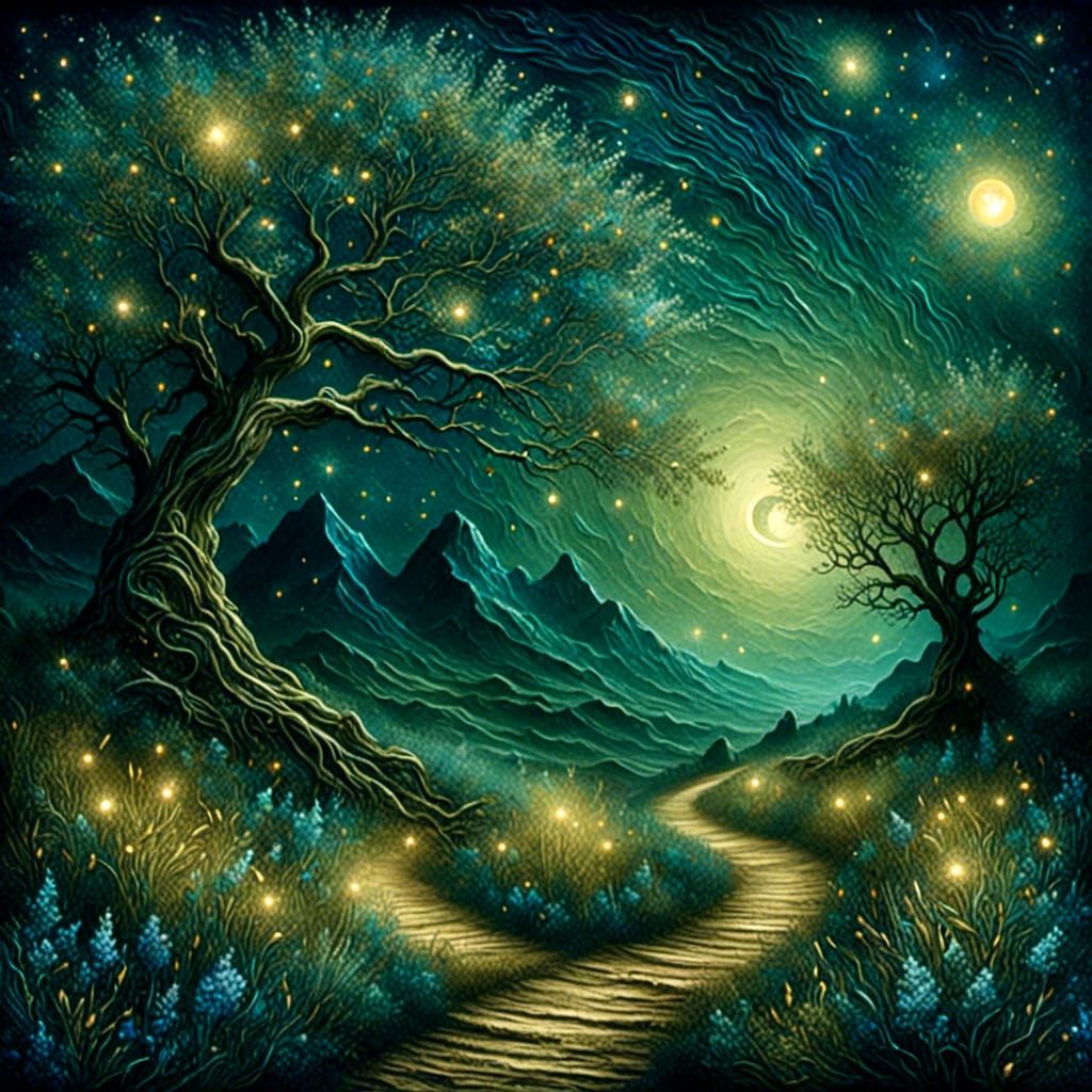 Mystical Starry Night Path in Dreamlike Style