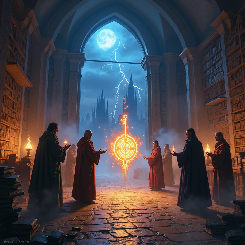 Mages Gather Around Glowing Sigil in Library