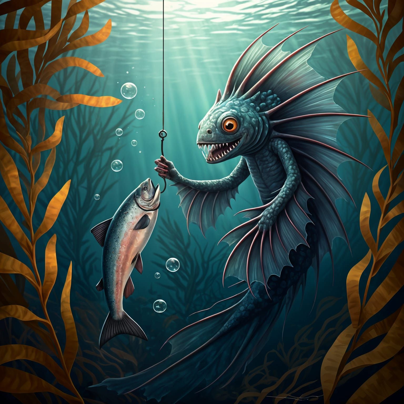 Underwater Sea Monster Helps Child Fishing