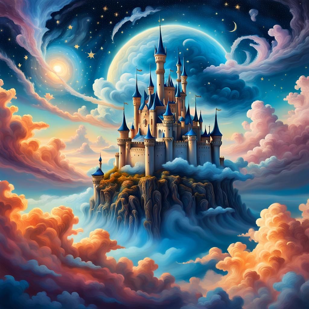 Floating Castle in Surreal Dreamscape with Ethereal Colors