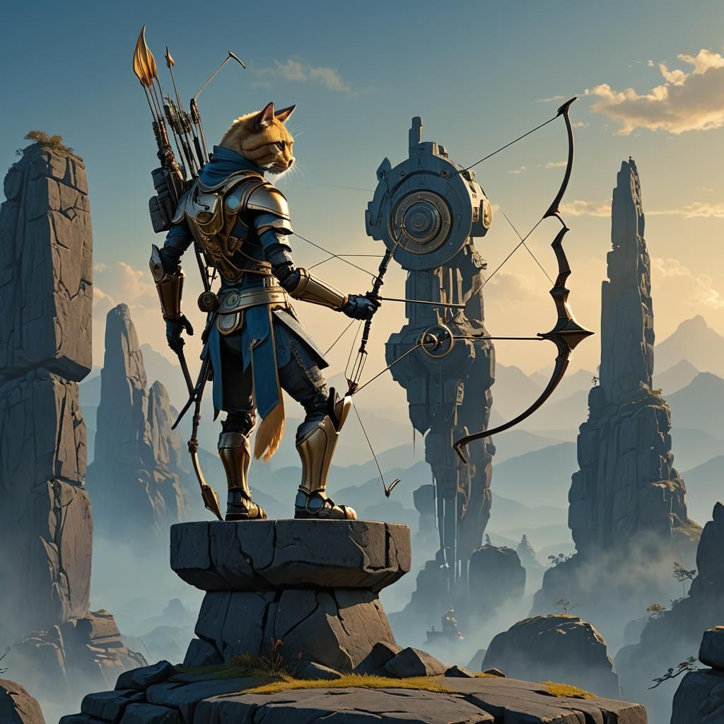 Robot Cat Archer in Ancient, Fantastical Realm