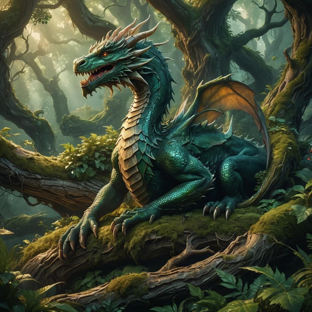 Serene Dragon in Lush Forest: Fantasy Concept Art