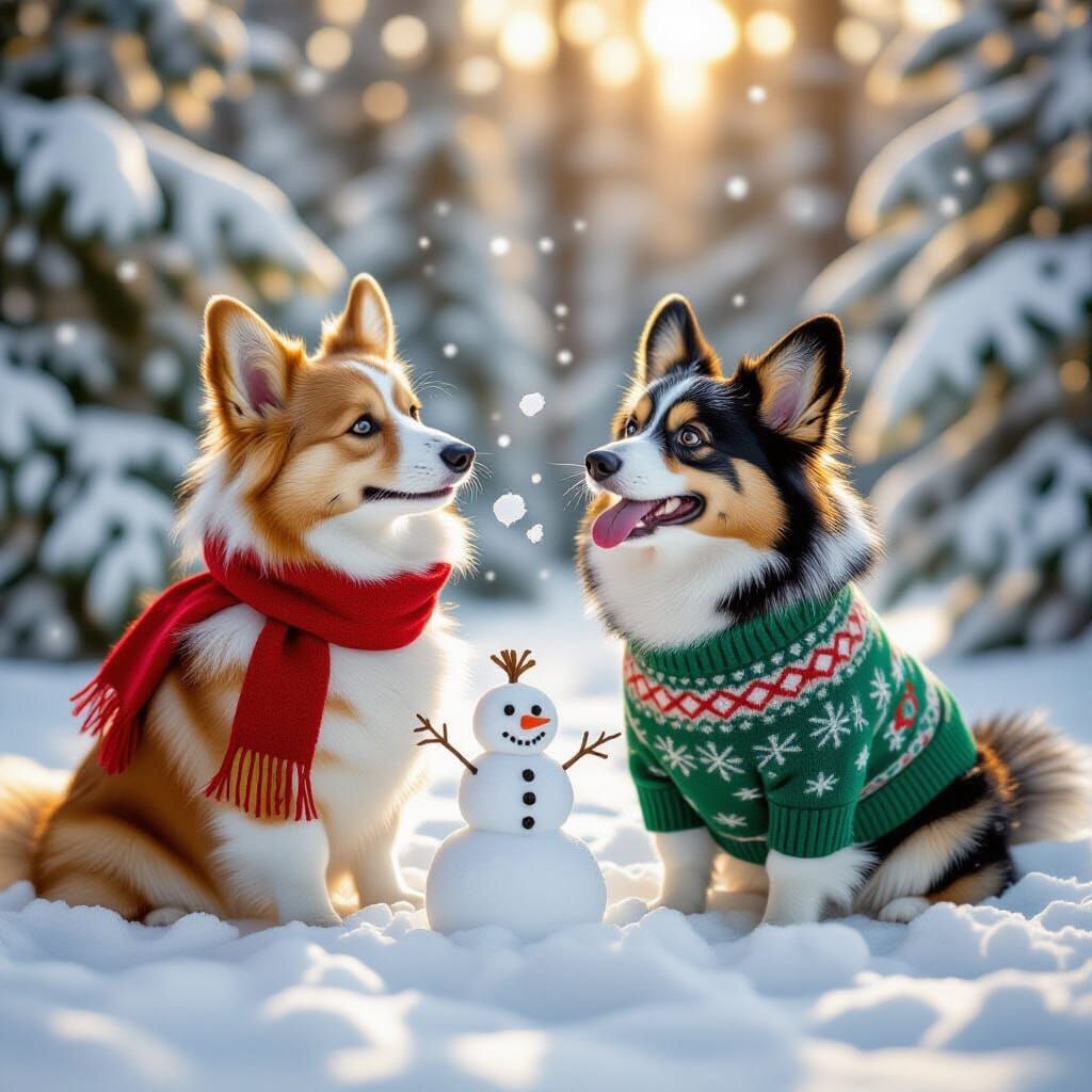 Corgis Building Snowman in Winter Forest