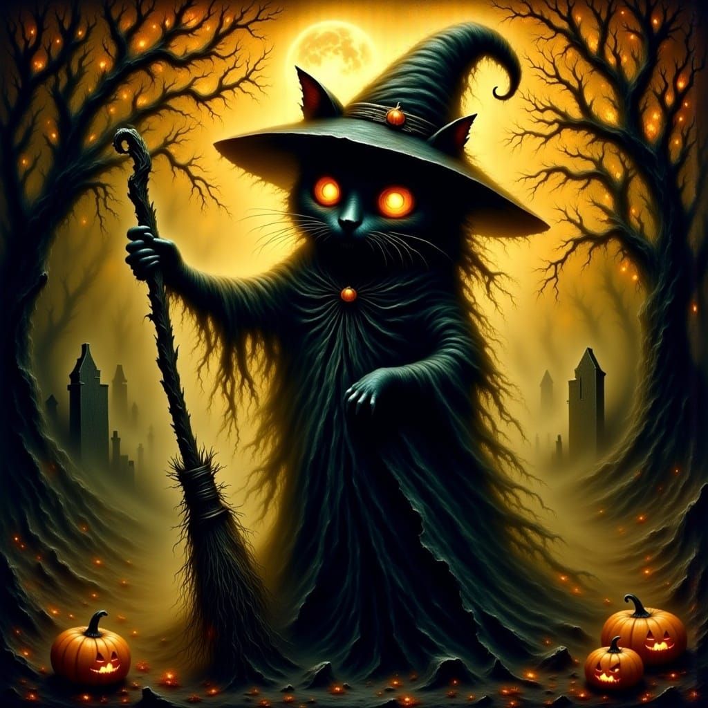 Whimsical Black Cat Witch Under Moonlight