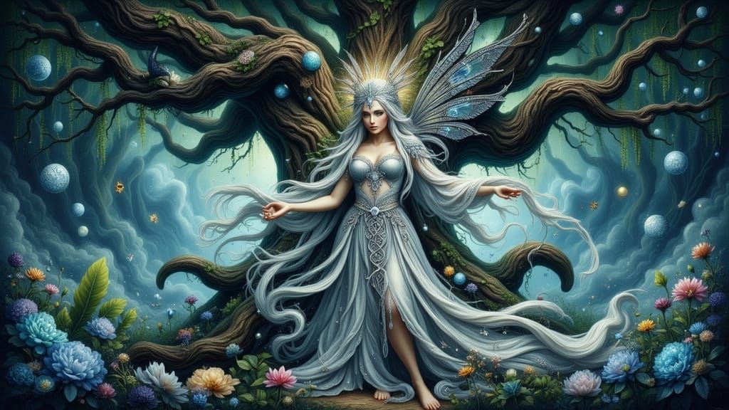 Celestial Nymph Protecting Ancient Oak in Ghibli Style