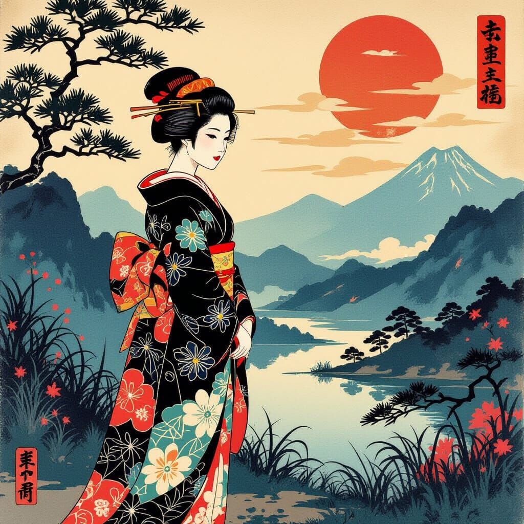 Japanese Woman in Serene Landscape, Ukiyo-e Style