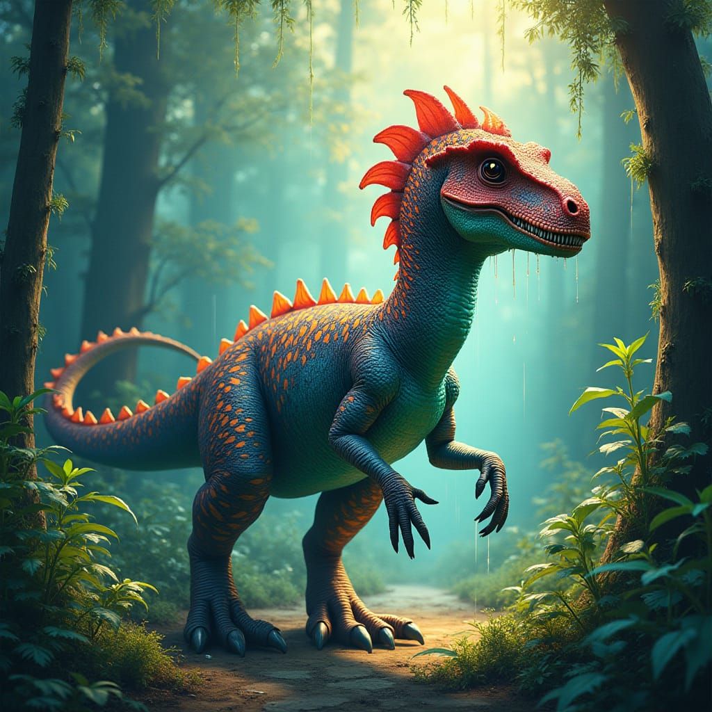 Iridescent Dinosaur in Prehistoric Landscape, Fantasy Concep...