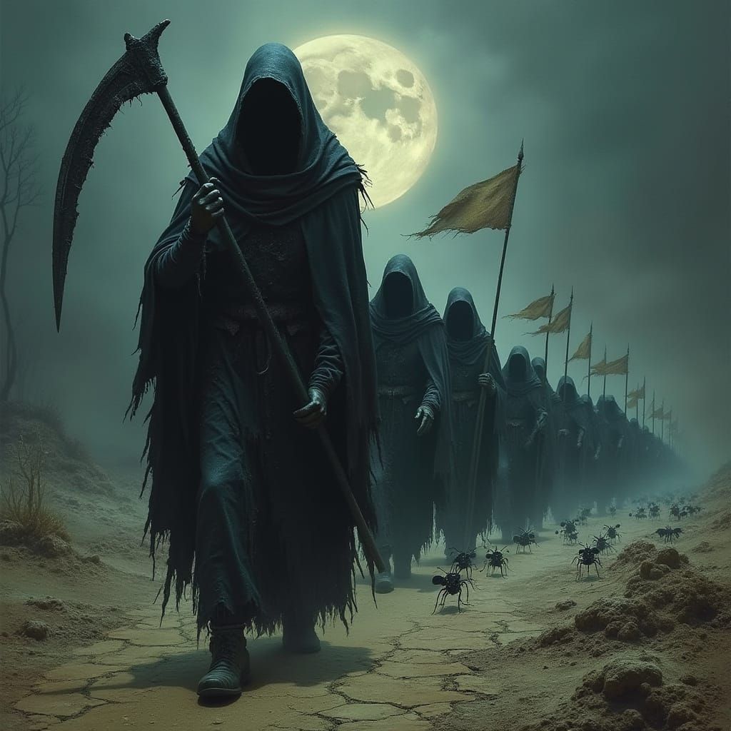 Grim Reaper Leads Armies of Industry in Dark Surreal Landsca...