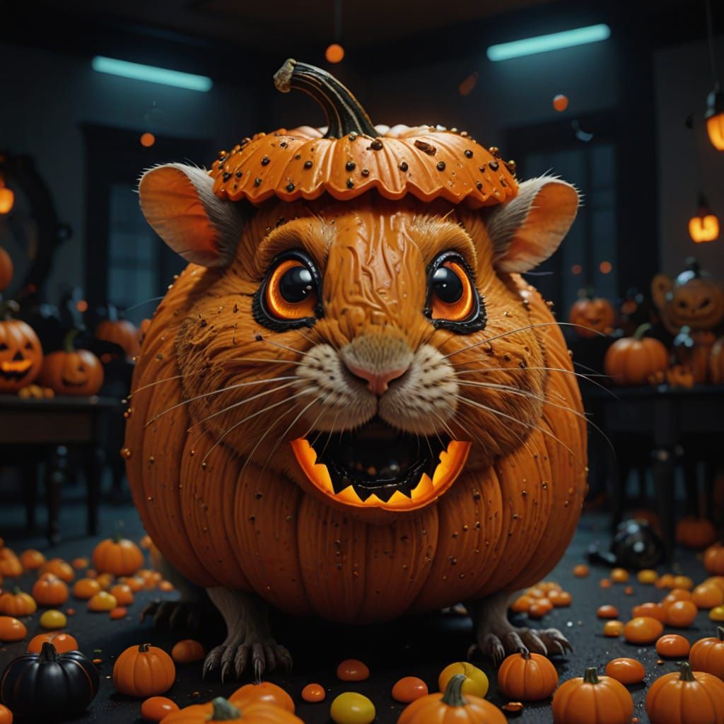 Whimsical Gerbil in Pumpkin Mask at Halloween Party
