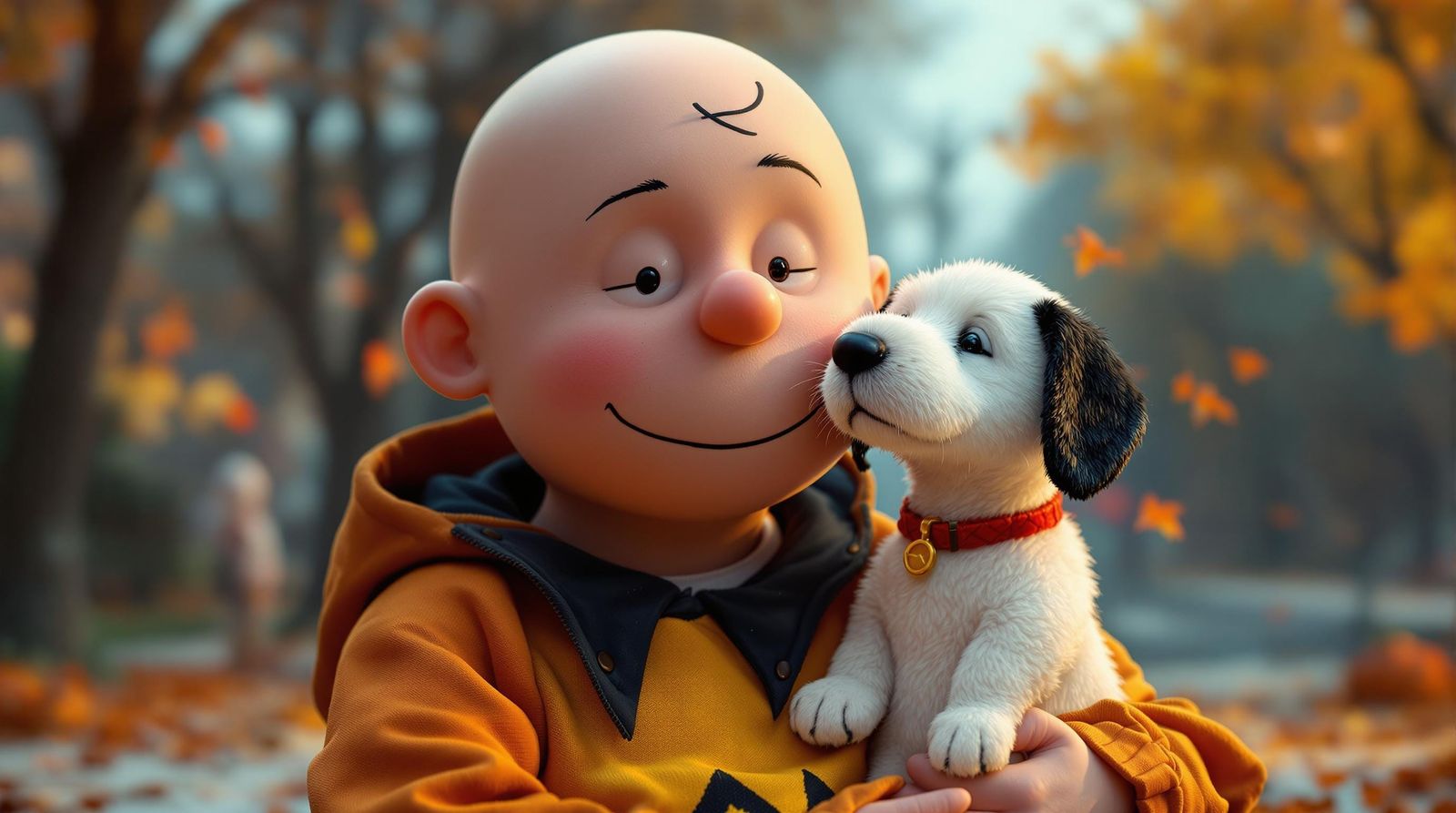 Bald Man in Charlie Brown Costume with Snoopy Puppy
