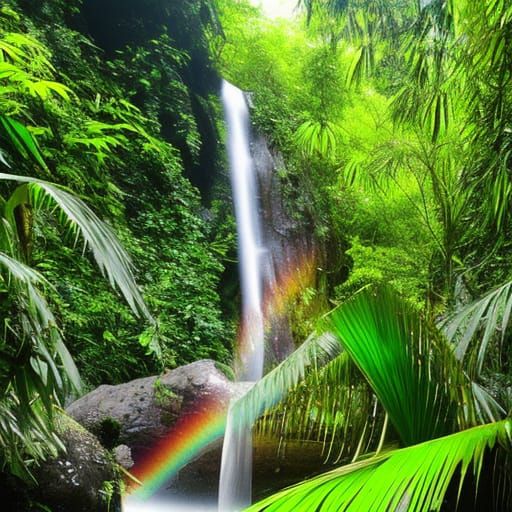 Lush Jungle Waterfall with Rainbow