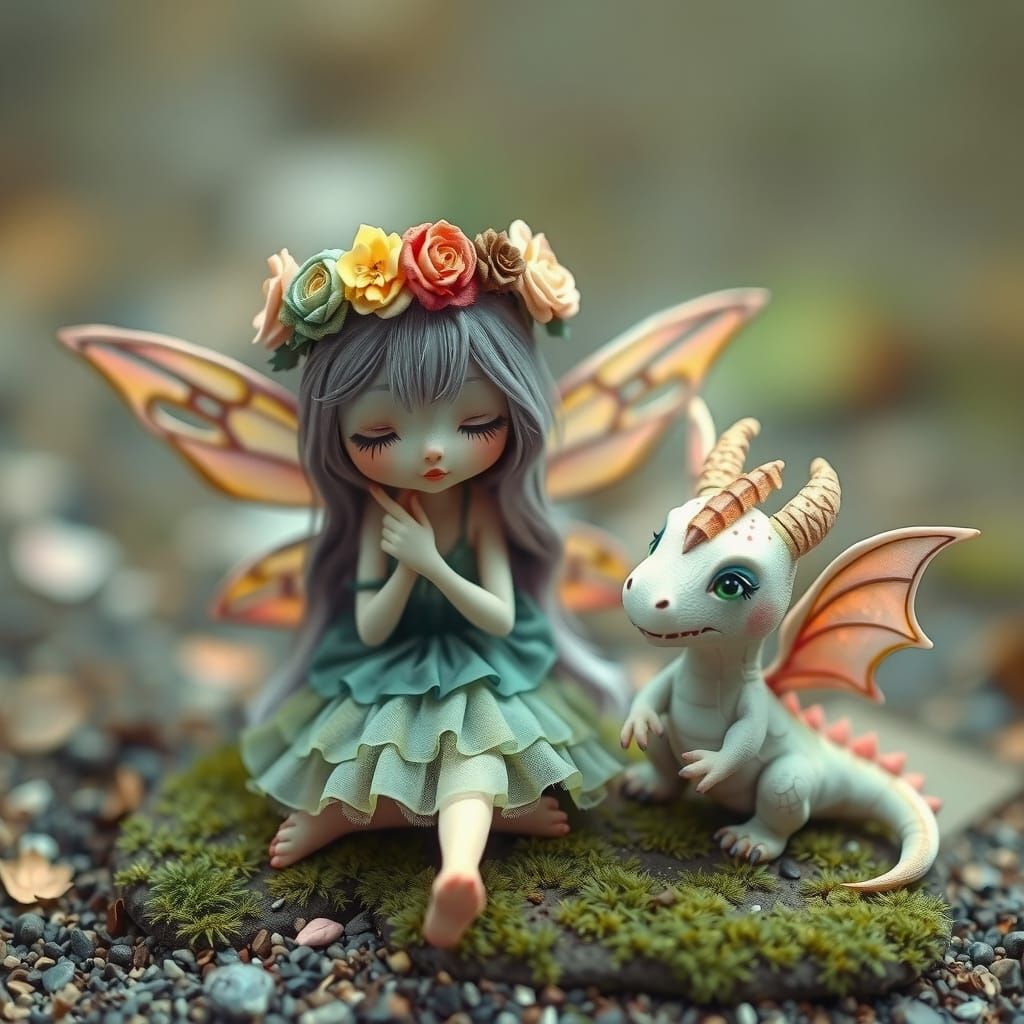 Gothic-Chibi Fairy and Dragon in Pastel Hues