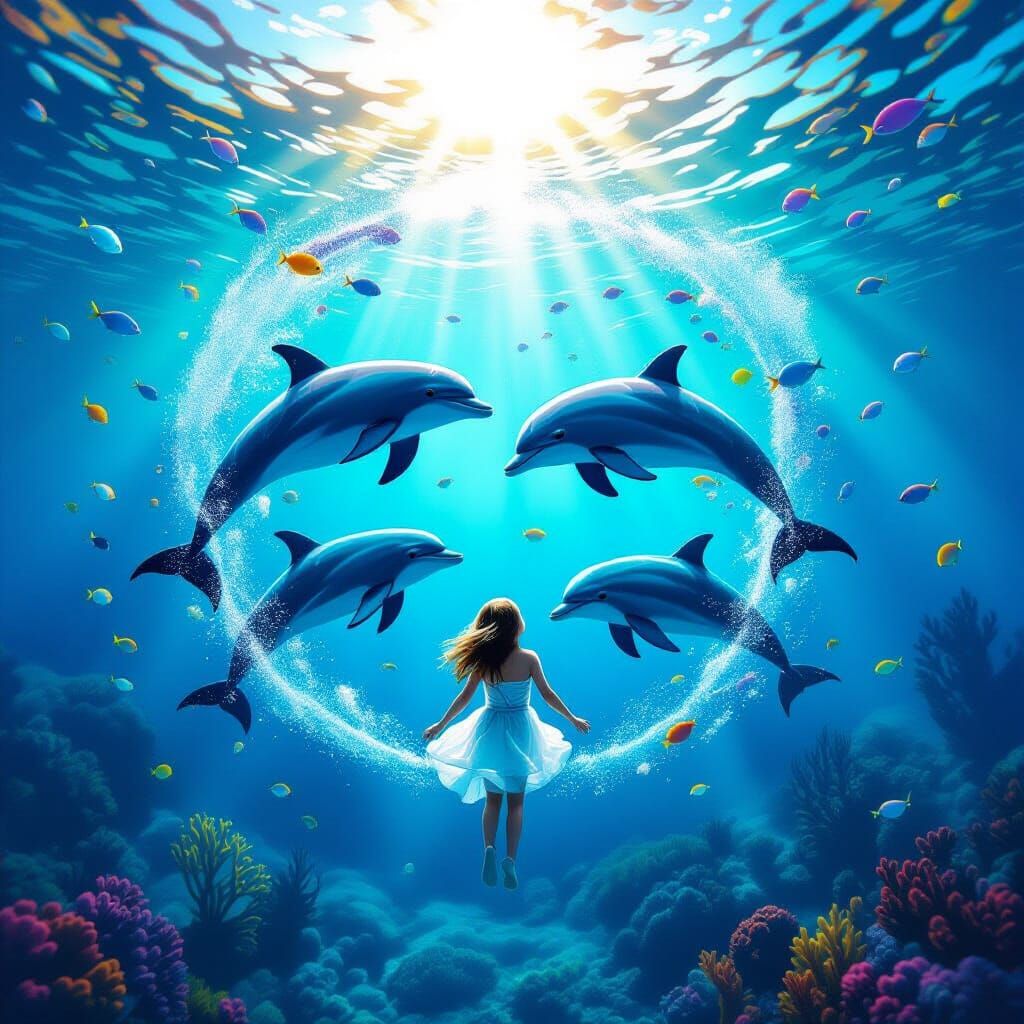 Underwater Scene: Dolphins, Girl, and Colorful Fish