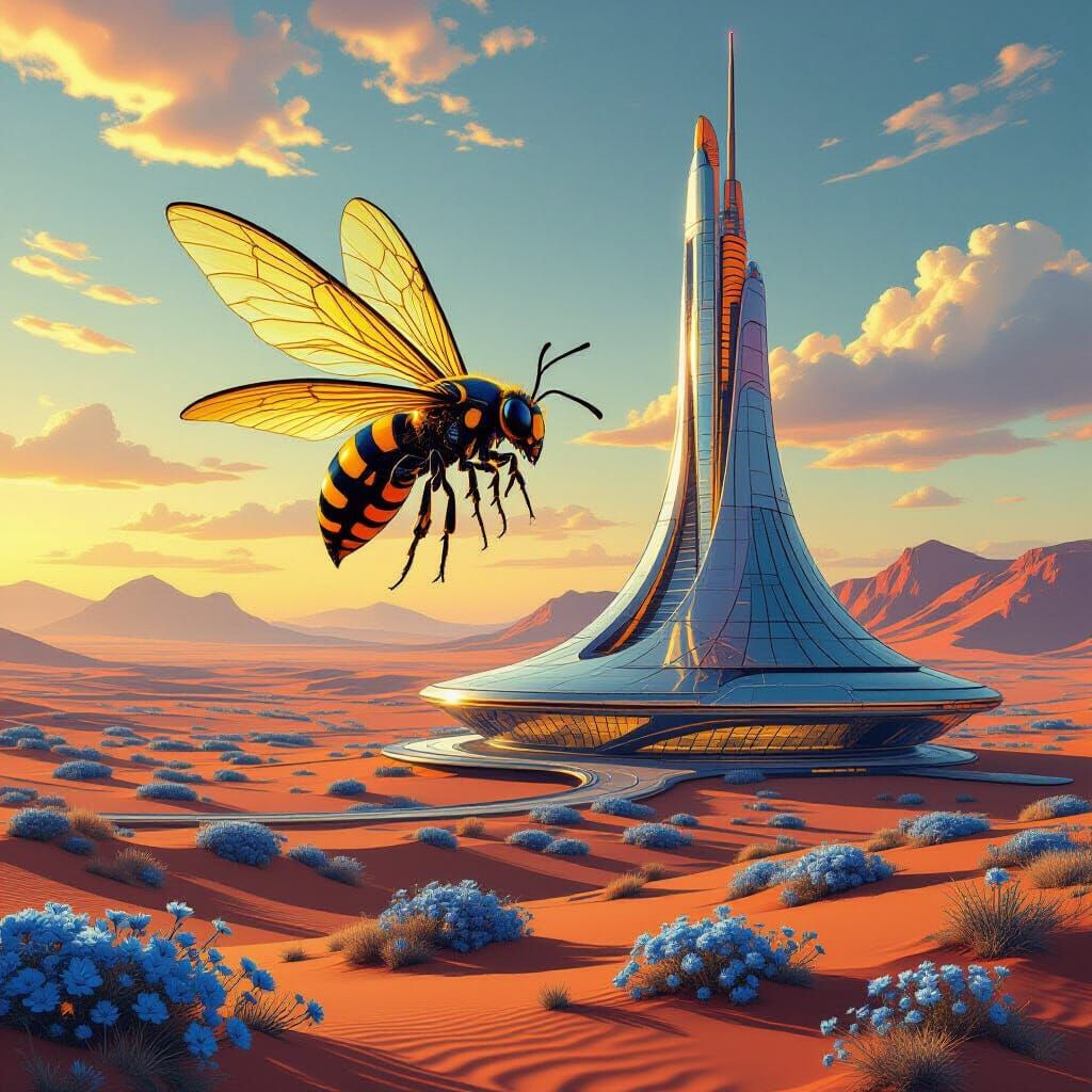 Symbiote Angelwasp Soaring Above Futuristic Desert Hotel