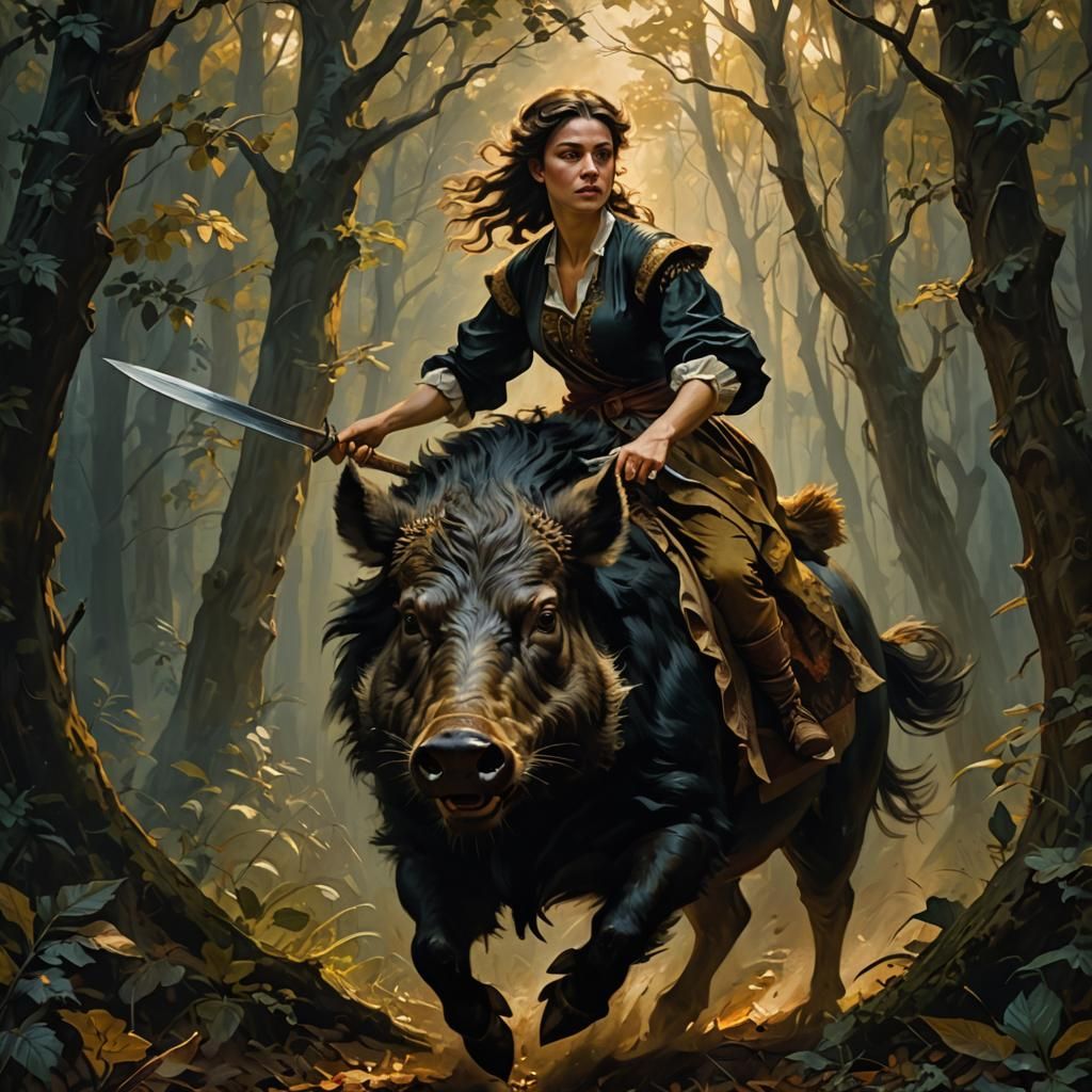 Amazon Warrior on Boar: Baroque Oil Painting