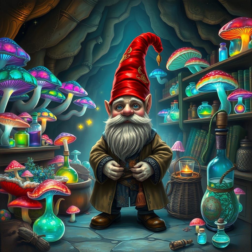 Surreal Gnome Alchemist in an Ethereal Bioluminescent Realm