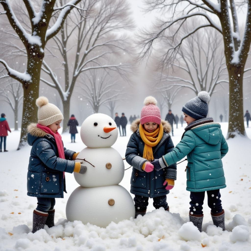 Kids Build Snowmen in Winter Wonderland